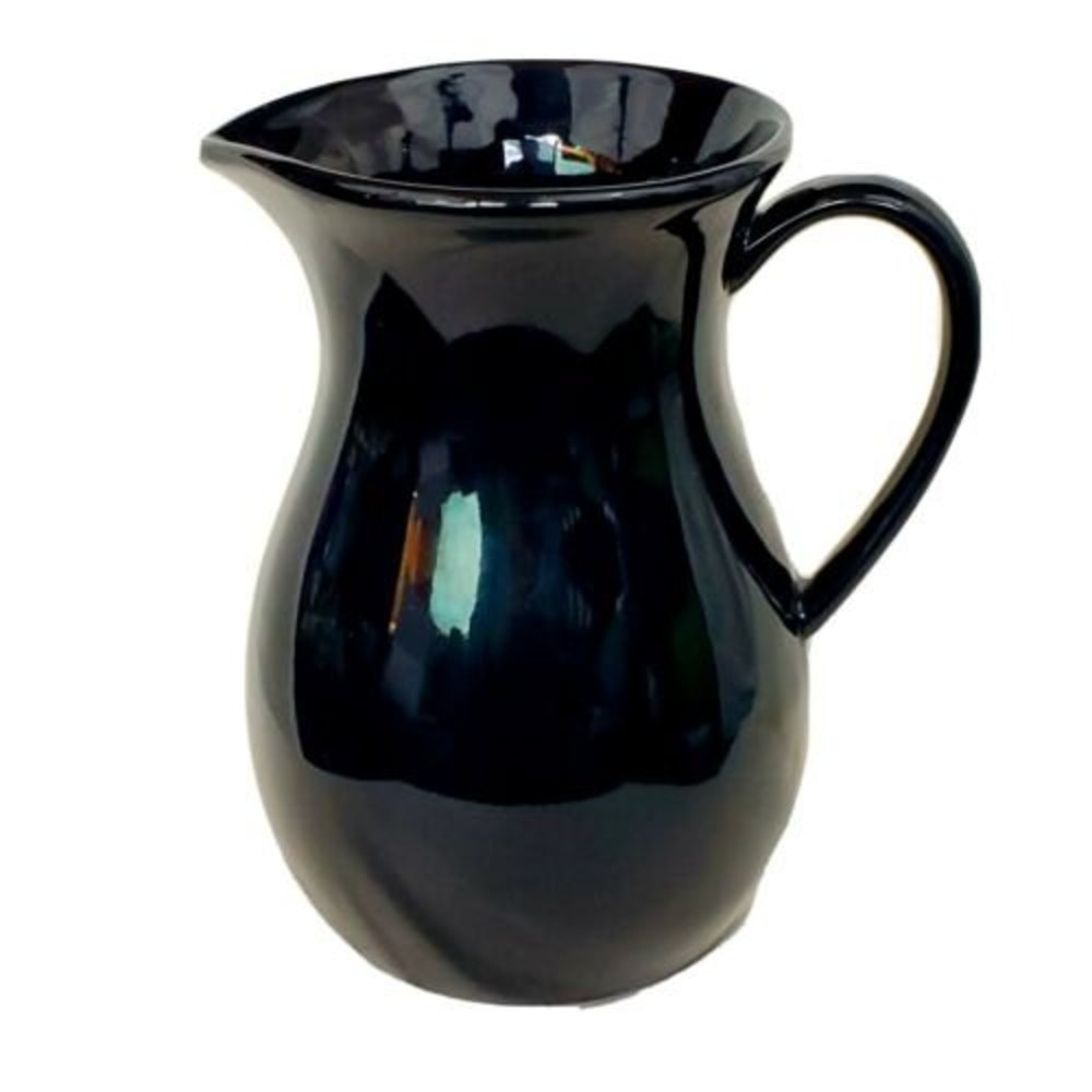 Stoneware Pottery Pitcher Very Dark Blue Unmarked 7" High Shiny Finish